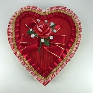 Vintage Valentine Gertrude Hawk Chocolates Red w/ Lace & Flower Heart Candy Box